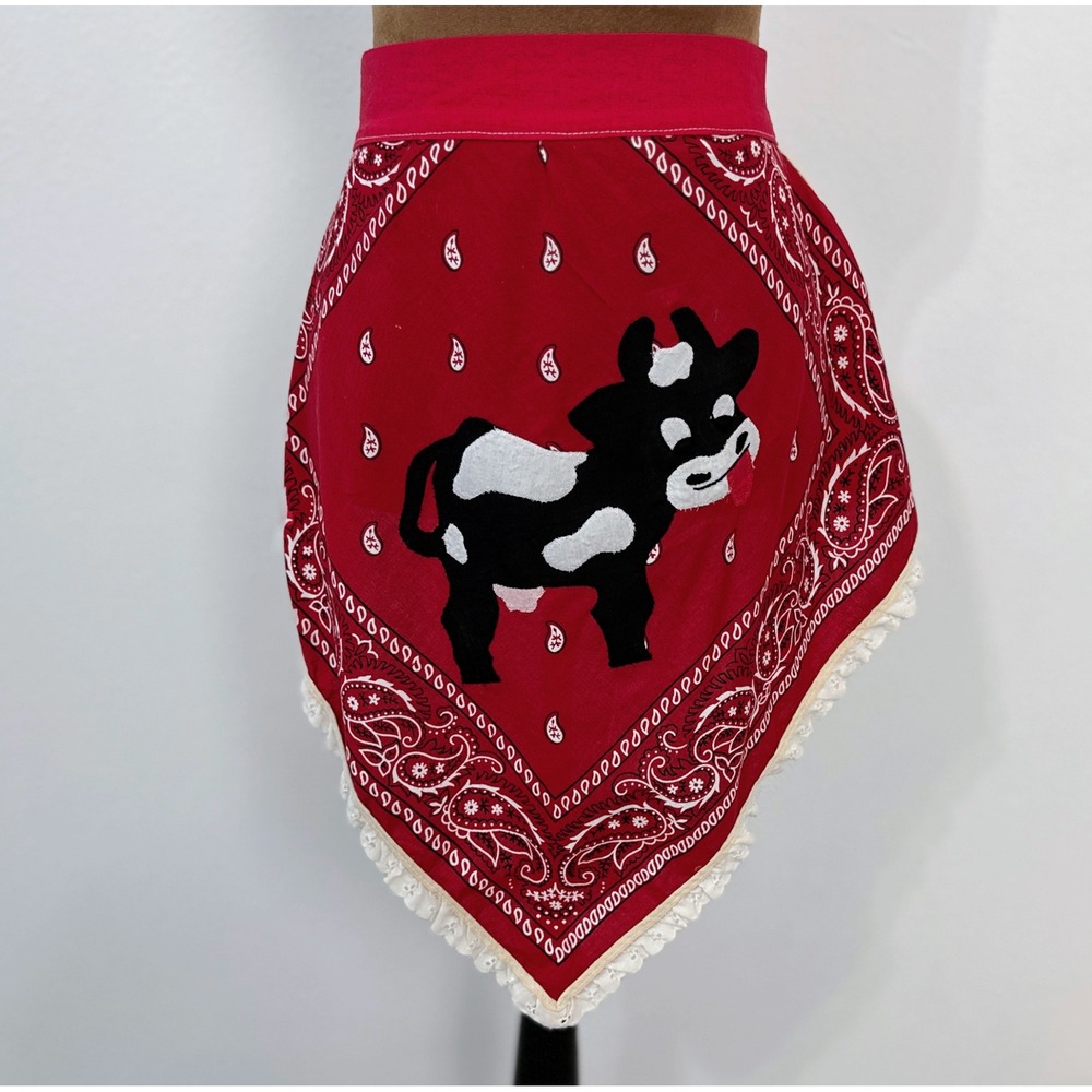Handmade Bandana Apron Womens OS Red Cow Paisley Lace Trim